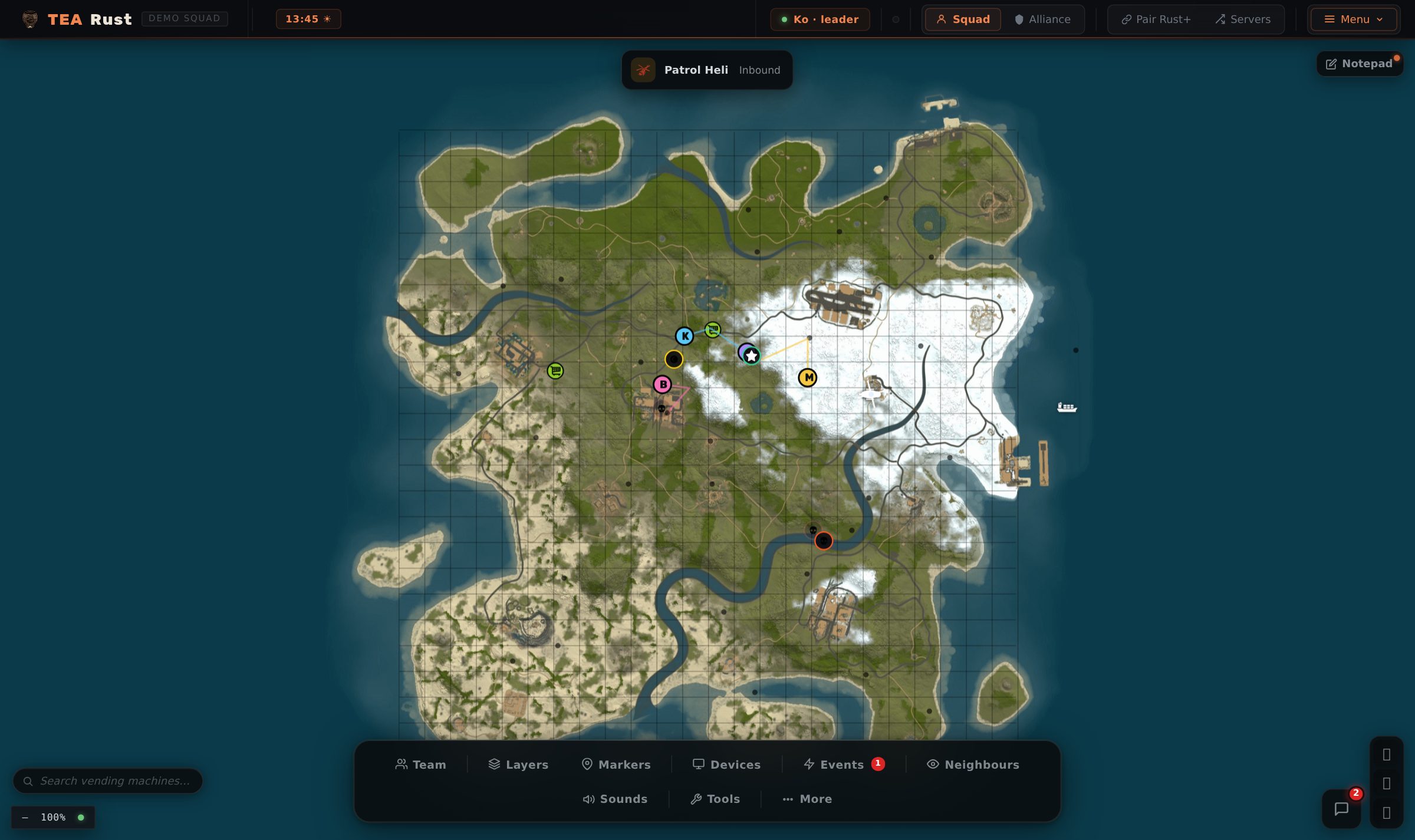 TEARust live squad map — teammate positions, Patrol Heli inbound alert, intel markers and the events dock, all in the browser